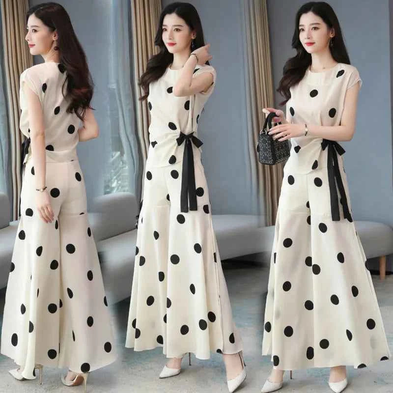 Women's Fashion Chiffon Sport Suit 2025 Summer New Polka Dot Wide Leg Pants Crop Tops Two Piece Set For Women Plus Size Clothing