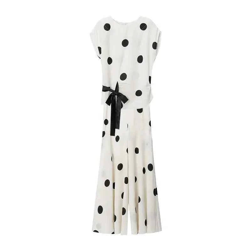 Women's Fashion Chiffon Sport Suit 2025 Summer New Polka Dot Wide Leg Pants Crop Tops Two Piece Set For Women Plus Size Clothing