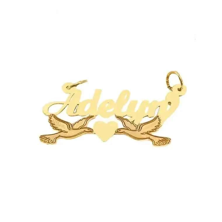 14K Gold Nameplate, Lovebirds Nameplate, Kissing Birds Name Necklace, Personalized Gift, Custom Gold Jewelry, Gifts for her