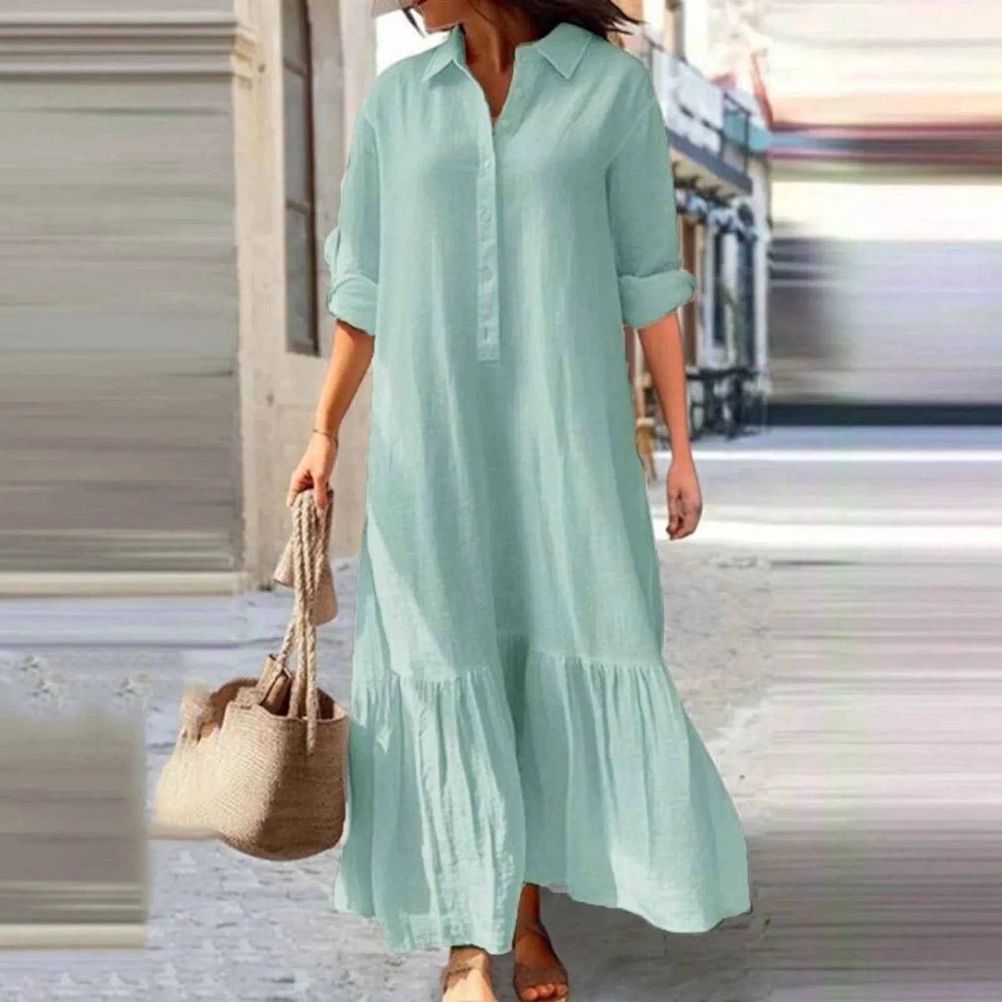 Black Cotton Linen Long Sleeve Shirt Dress