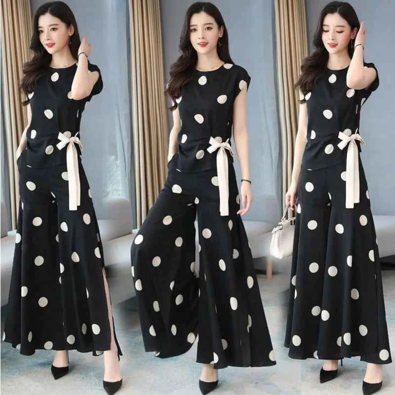 Women's Fashion Chiffon Sport Suit 2025 Summer New Polka Dot Wide Leg Pants Crop Tops Two Piece Set For Women Plus Size Clothing