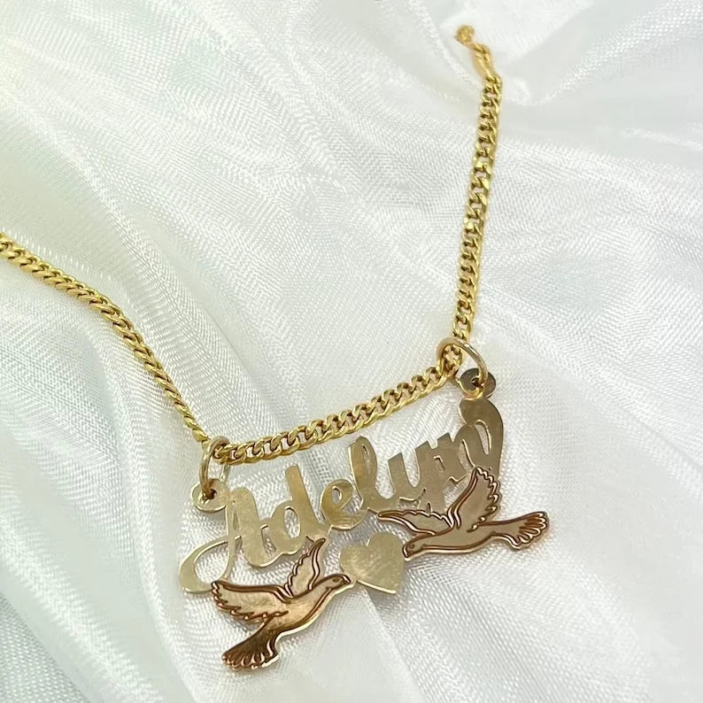 Custom 14K Gold Lovebirds Nameplate Necklace