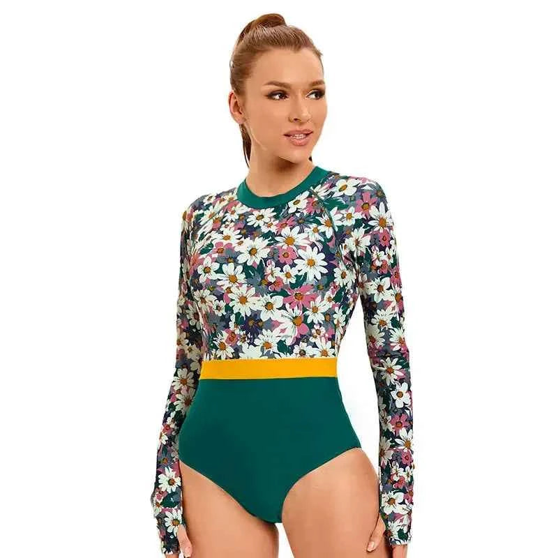 Vintage Print Long Sleeve One-Piece Swimsuit