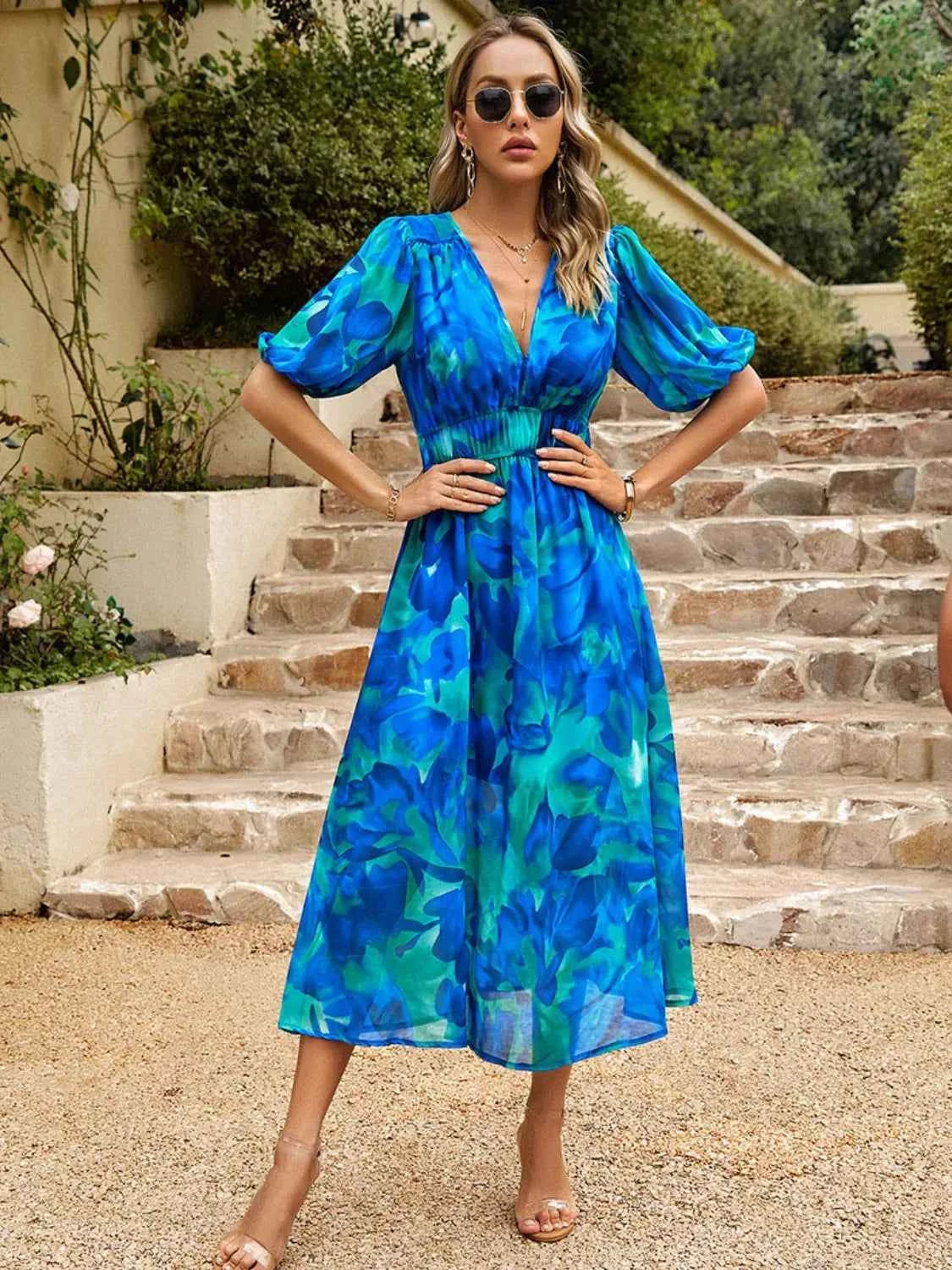 Printed Puff Sleeve Midi Dress