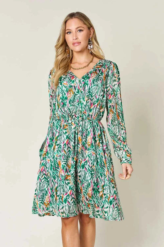 Double Take Full Size Printed Drawstring Waist Long Sleeve Dress