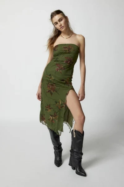 Floral Mesh Strapless Dress