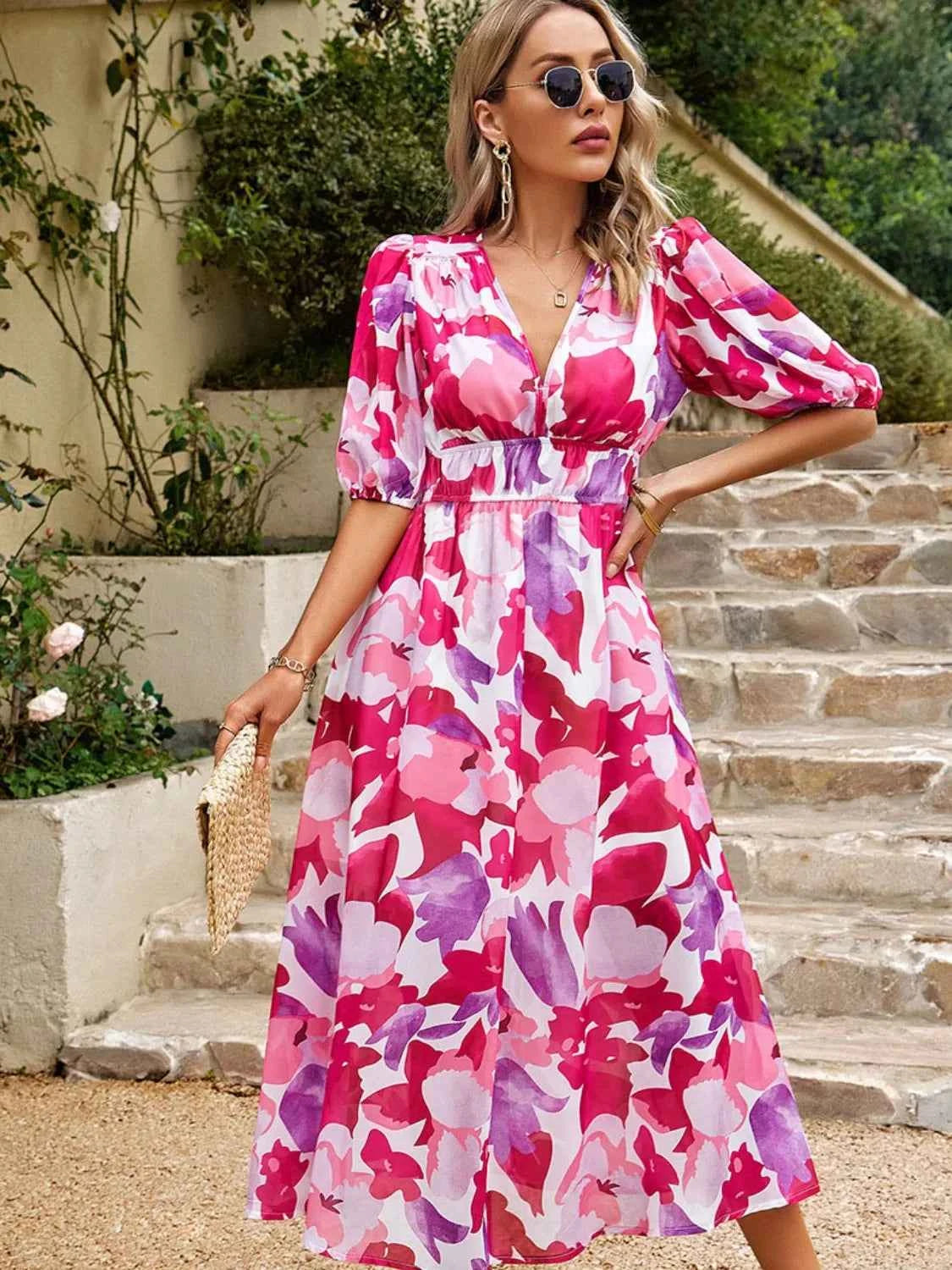 Printed Puff Sleeve Midi Dress