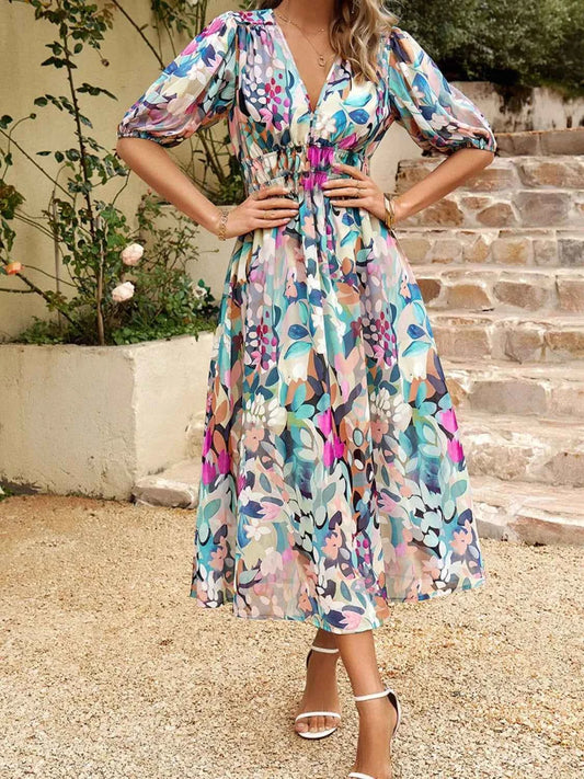 Printed Puff Sleeve Midi Dress