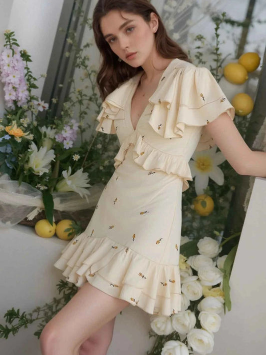 Printed Ruffled Flutter Sleeve Mini Dress