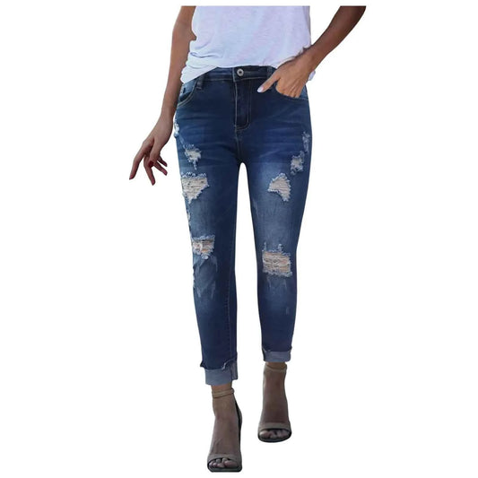 Women's Casual And Fashionable Perforated Elastic Denim Capris Classic Y2K Punk Long Trousers