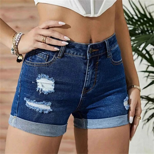 Elastic High Waist Drawstring Jean Shorts