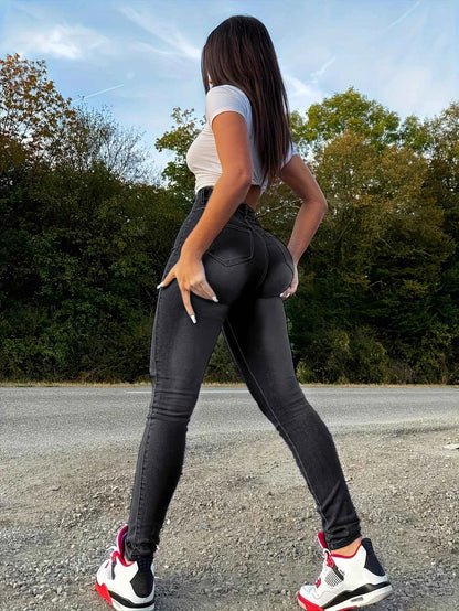 Women Simple Slim Wash Casual Style Jeans Zipper Button Closed Denim Pants