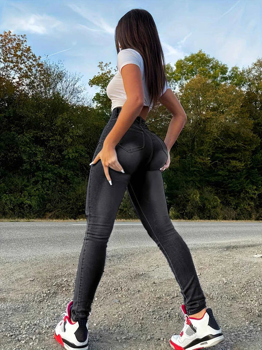 Women Simple Slim Wash Casual Style Jeans Zipper Button Closed Denim Pants