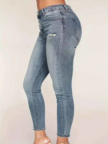 Women's Chic Ripped Pocket Jeans, Single Breasted Button Open and Close, Skinny Stretchy Denim Pants - Solid Color