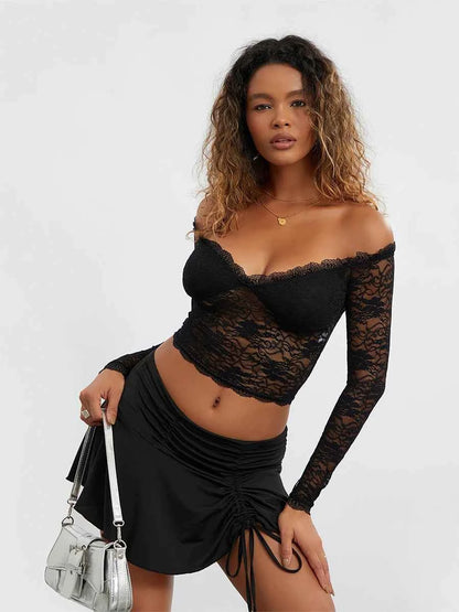 Women Long Sleeve Crop Tops Lace Off Shoulder T-Shirts Spring Fall Casual  Fit Shirts