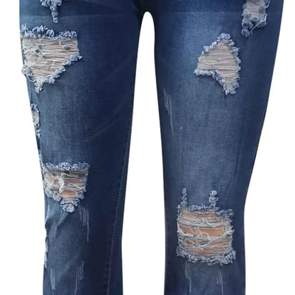 Women's Casual And Fashionable Perforated Elastic Denim Capris Classic Y2K Punk Long Trousers