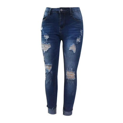 Women's Casual And Fashionable Perforated Elastic Denim Capris Classic Y2K Punk Long Trousers
