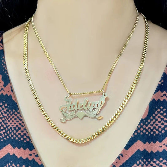 Custom 14K Gold Lovebirds Nameplate Necklace
