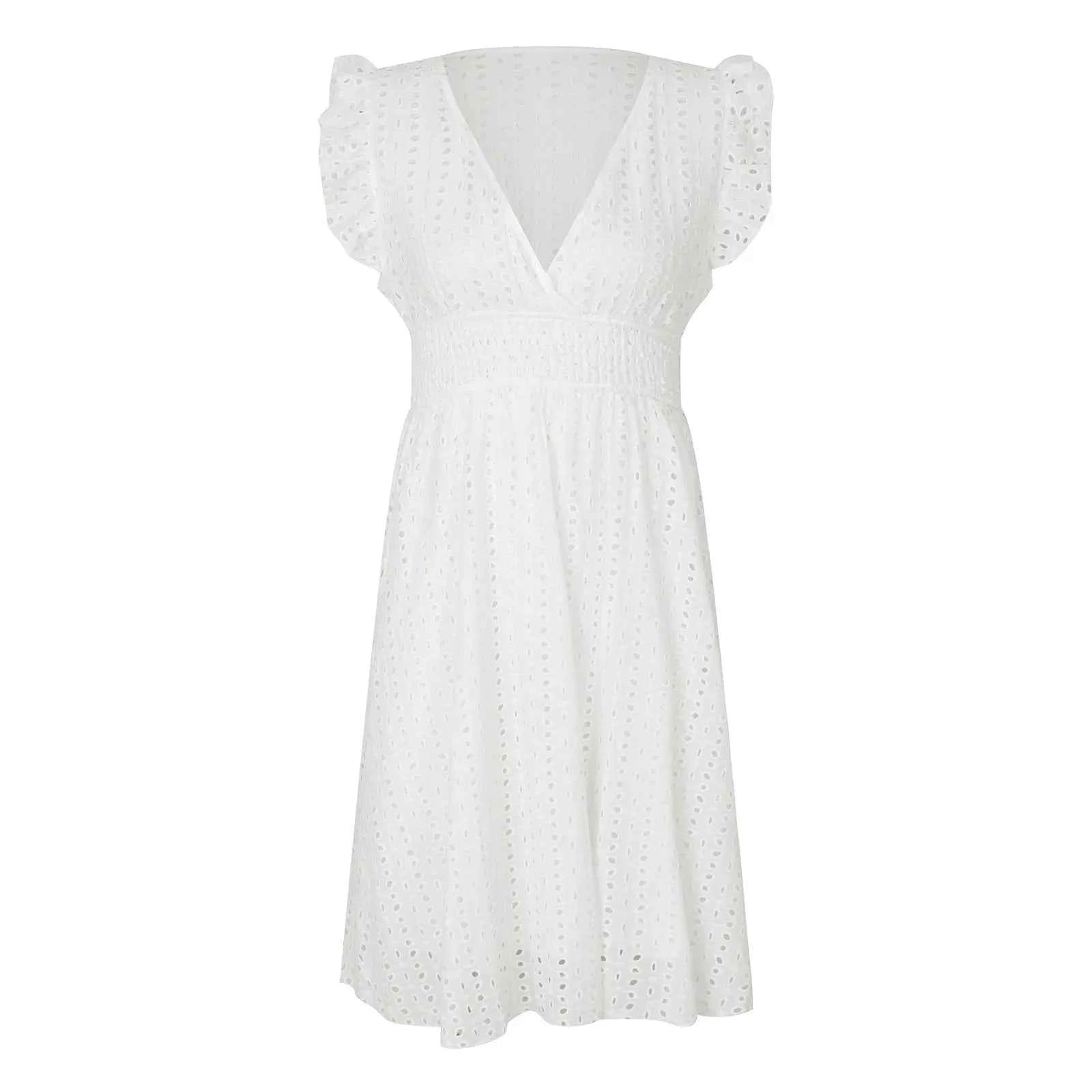 Women White V-Neck Beach Dress