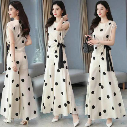 Women's Fashion Chiffon Sport Suit 2025 Summer New Polka Dot Wide Leg Pants Crop Tops Two Piece Set For Women Plus Size Clothing