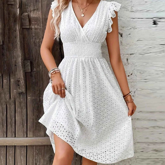 Women White V-Neck Beach Dress