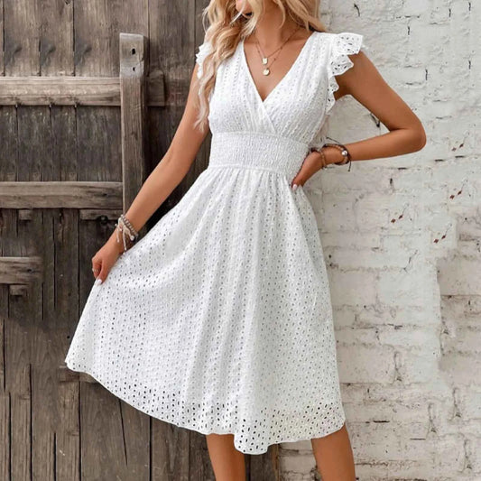 Women White V-Neck Beach Dress