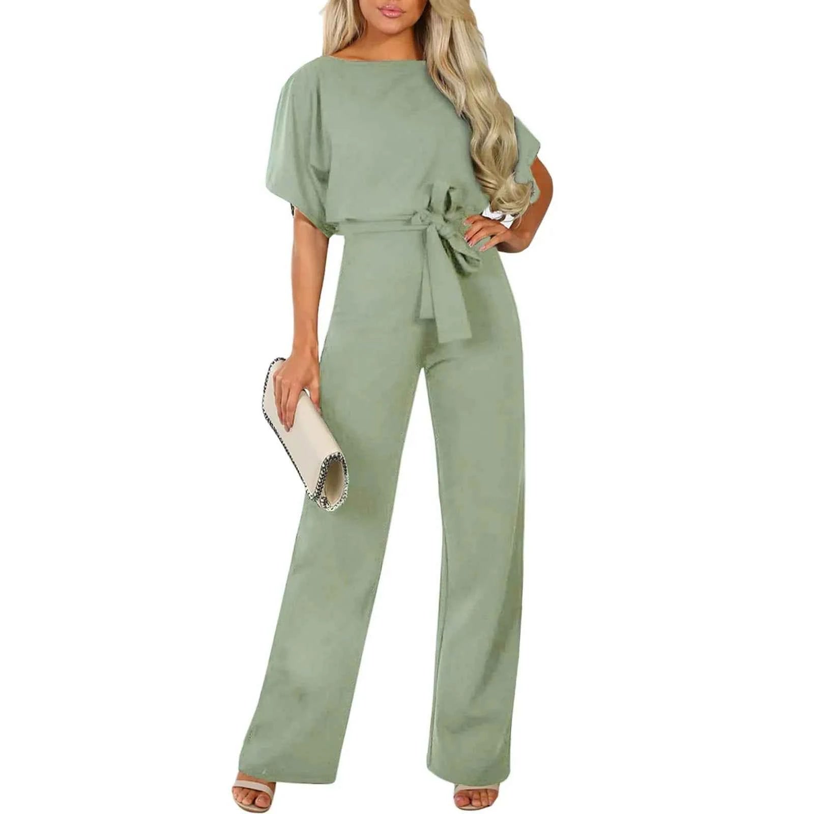 Women Short Sleeve Elegant Jumpsuit Long Straight Leg Pants High Waist Casual Rompers Playsuit Plus Size Solid Ladies Overalls