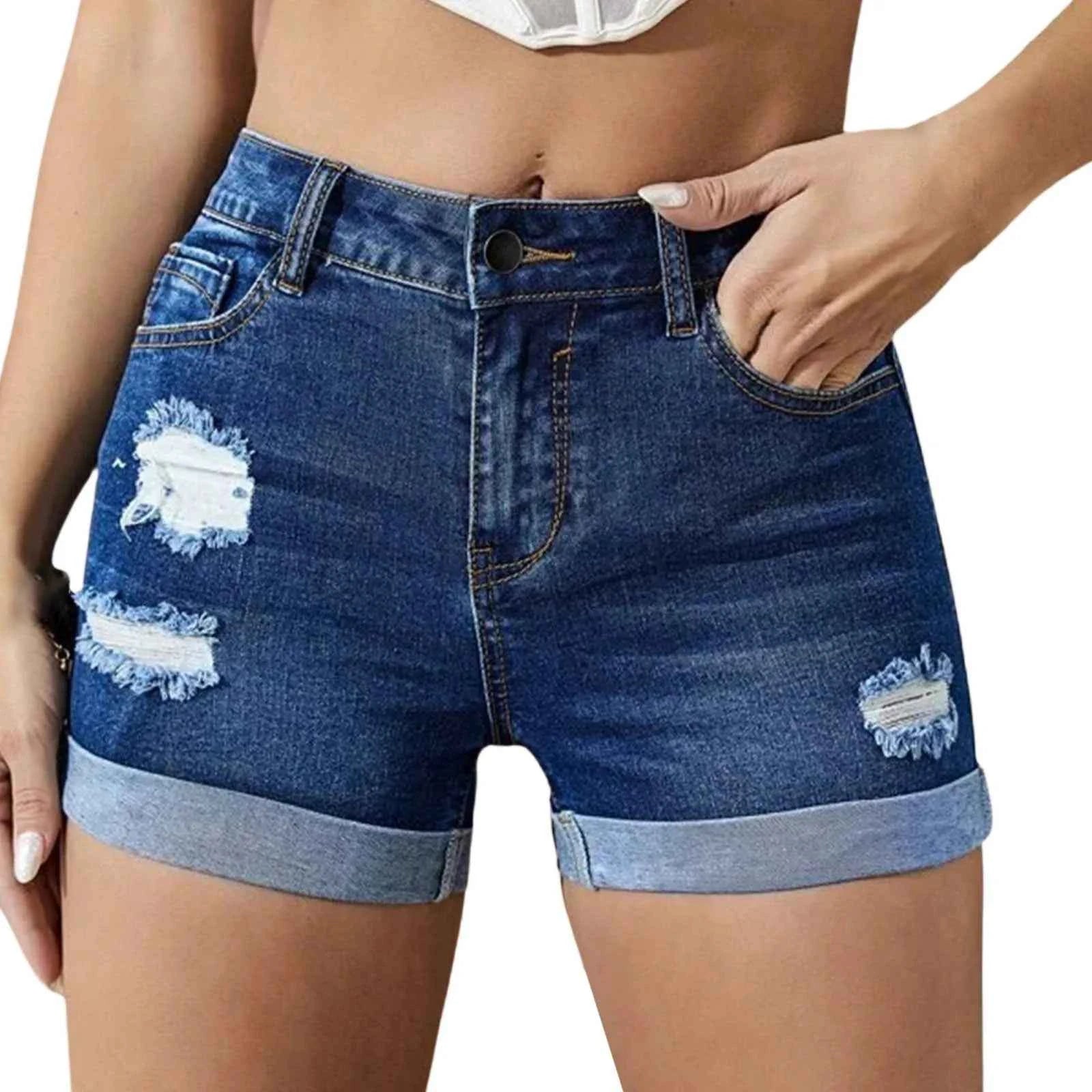 Elastic High Waist Drawstring Jean Shorts