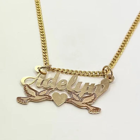 Custom 14K Gold Lovebirds Nameplate Necklace