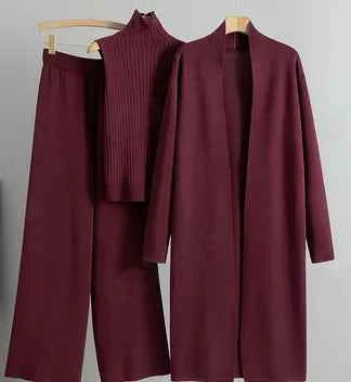 Ladies 3 Piece Outfits Sweater Sets Pullover Crop Top & Knitted Long Cardigan & Wide Leg Pants Suits Autumn Clothes Sets