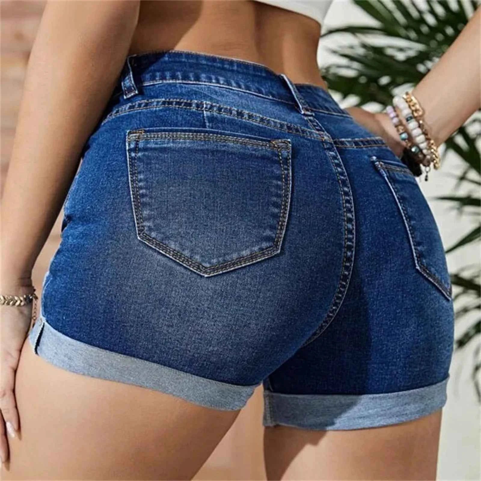 Elastic High Waist Drawstring Jean Shorts