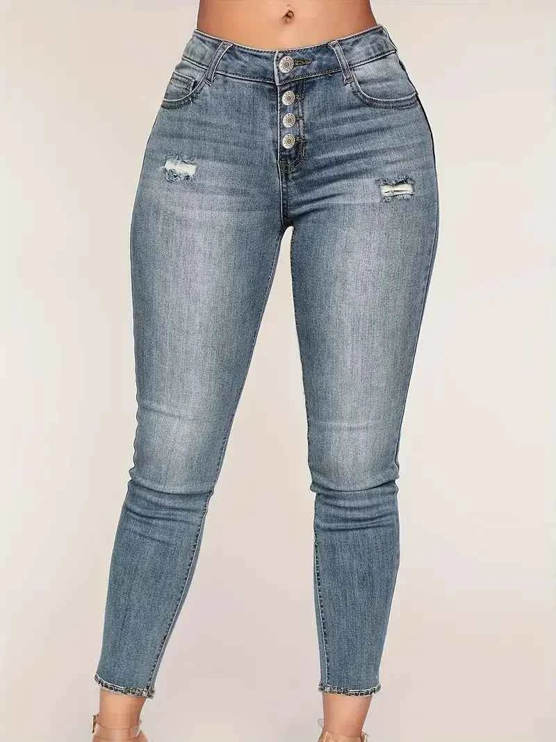 Women's Chic Ripped Pocket Jeans, Single Breasted Button Open and Close, Skinny Stretchy Denim Pants - Solid Color