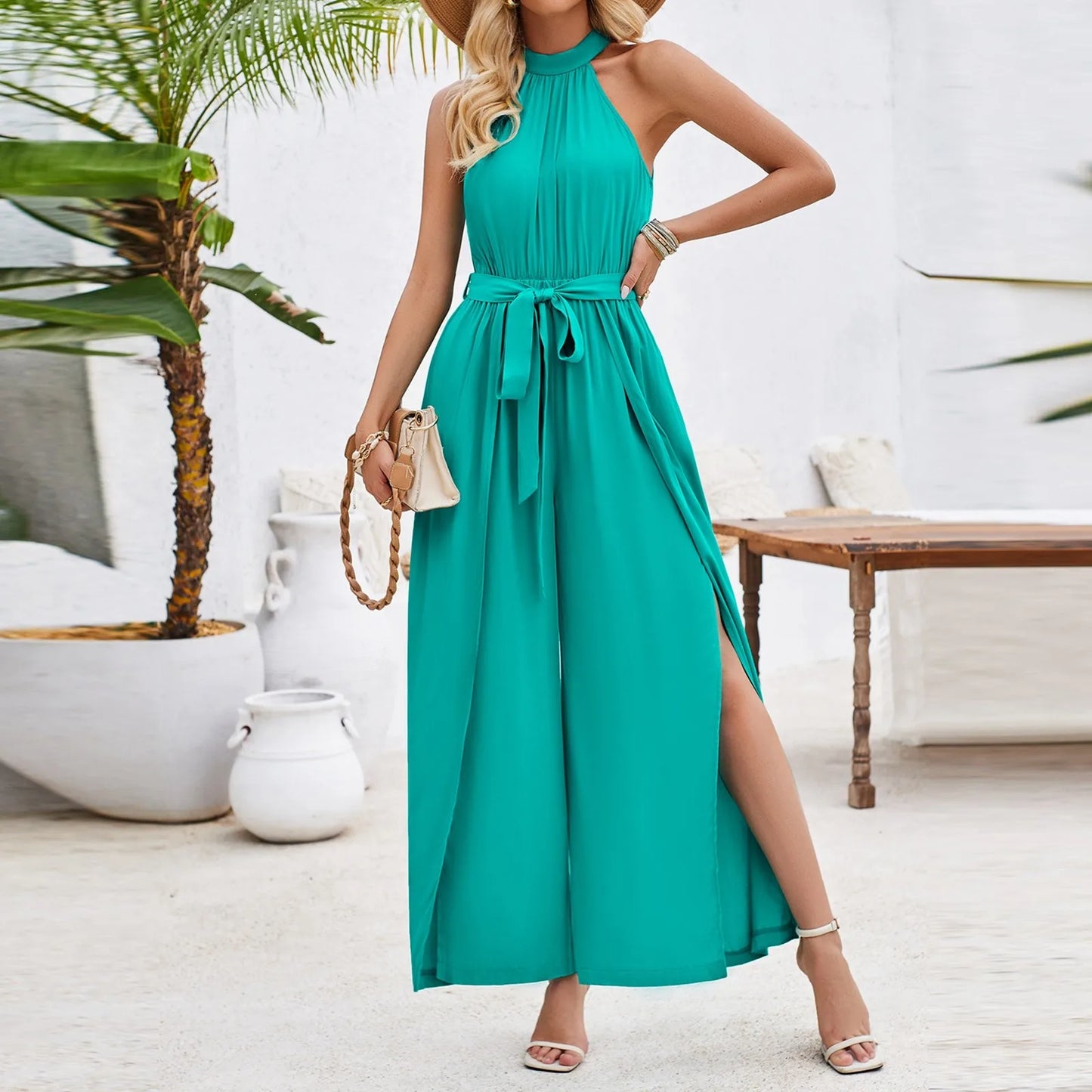 Elegant Halterneck Slit Jumpsuit