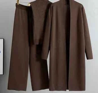 Ladies 3 Piece Outfits Sweater Sets Pullover Crop Top & Knitted Long Cardigan & Wide Leg Pants Suits Autumn Clothes Sets