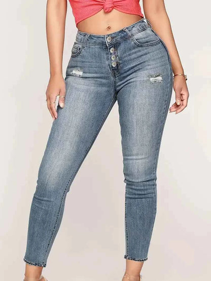 Women's Chic Ripped Pocket Jeans, Single Breasted Button Open and Close, Skinny Stretchy Denim Pants - Solid Color