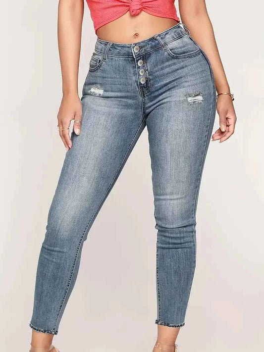 Women's Chic Ripped Pocket Jeans, Single Breasted Button Open and Close, Skinny Stretchy Denim Pants - Solid Color