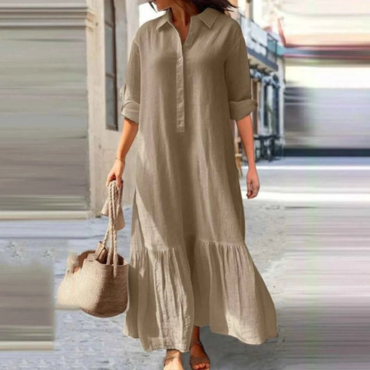 Black Cotton Linen Long Sleeve Shirt Dress
