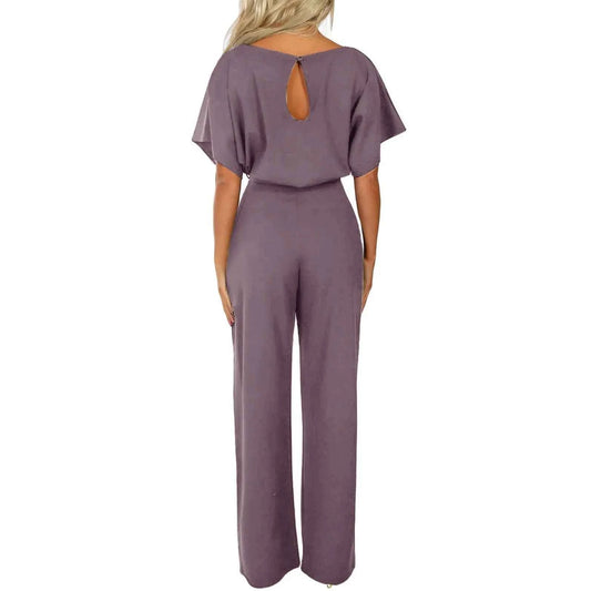 Women Short Sleeve Elegant Jumpsuit Long Straight Leg Pants High Waist Casual Rompers Playsuit Plus Size Solid Ladies Overalls