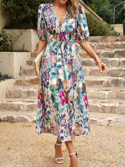 Printed Puff Sleeve Midi Dress