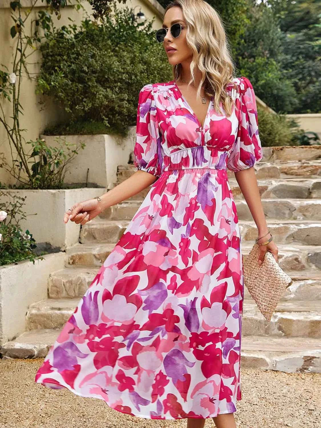 Printed Puff Sleeve Midi Dress