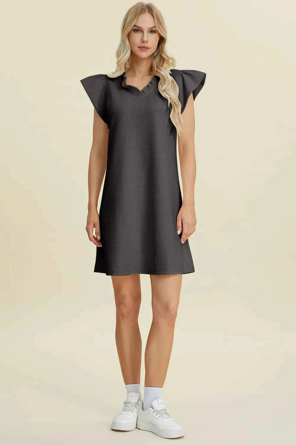 Double Take Full Size Ruffled V-Neck Cap Sleeve Dress
